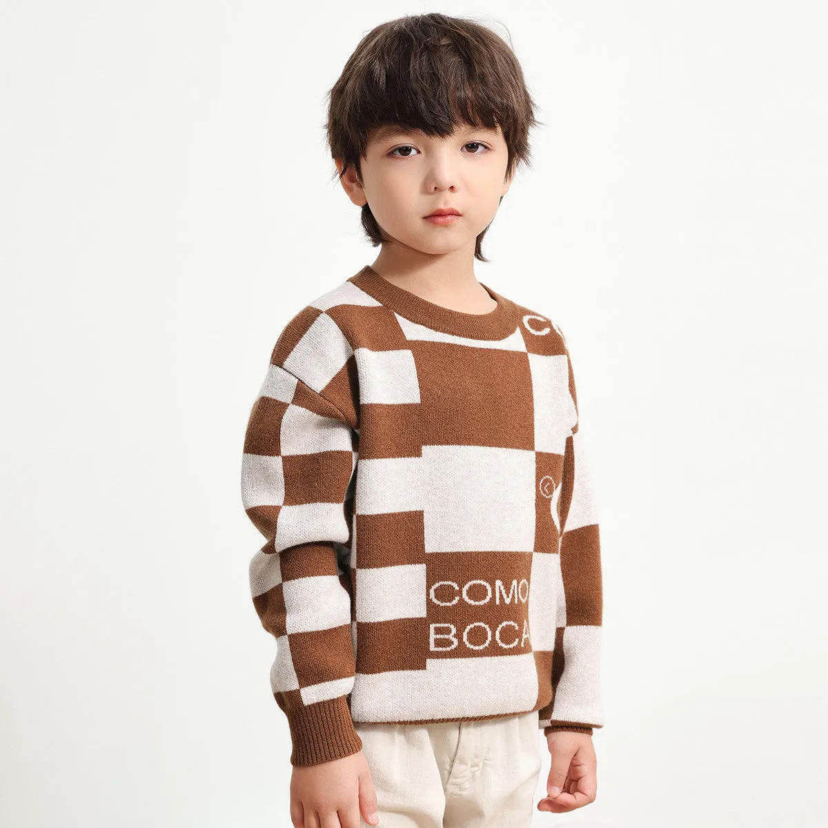 100% Wool Kids Color Block Round Neck Sweater