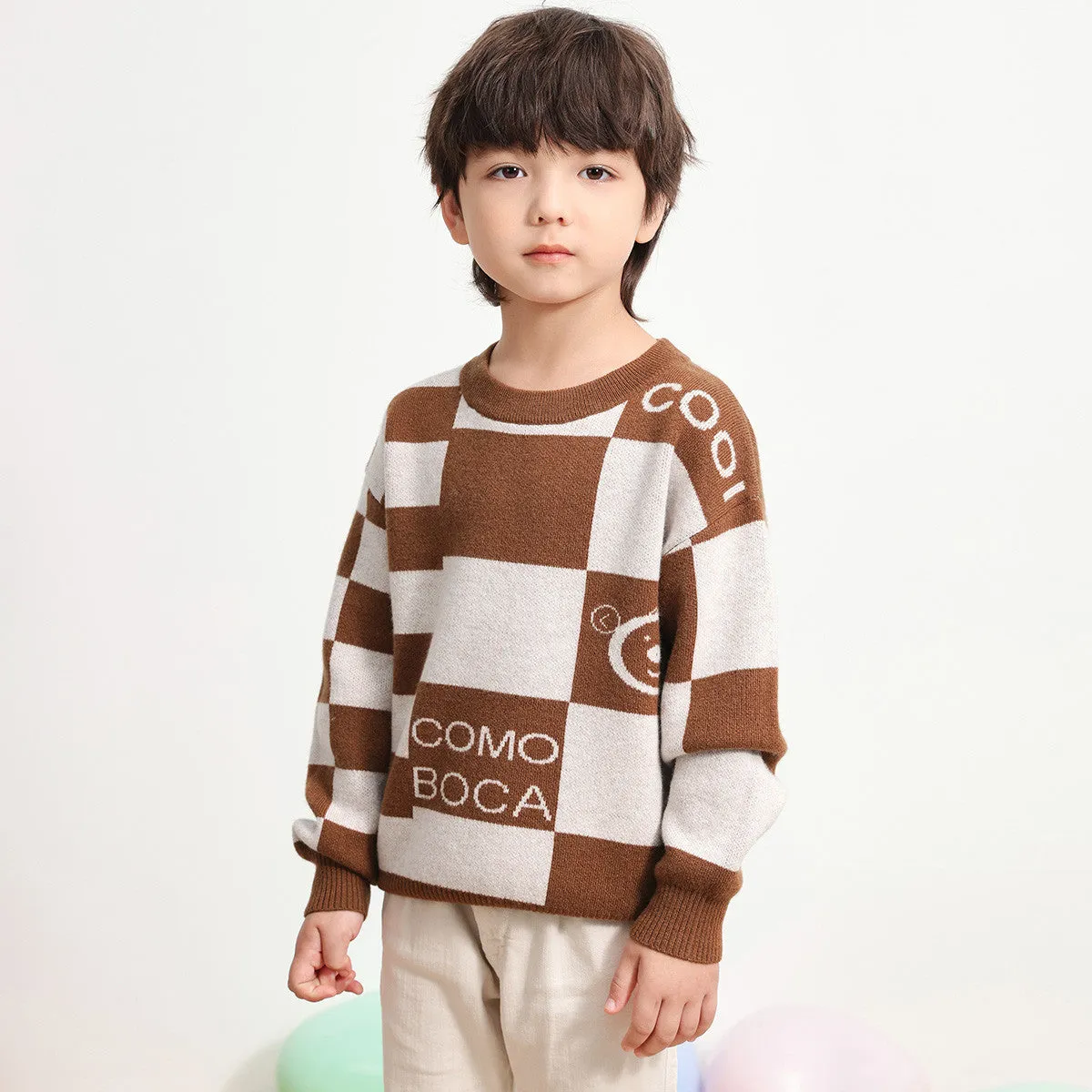 100% Wool Kids Color Block Round Neck Sweater