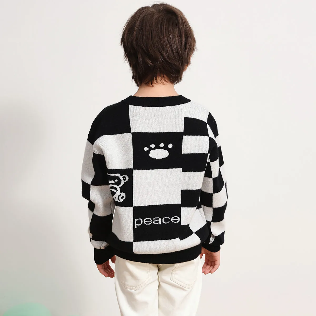 100% Wool Kids Color Block Round Neck Sweater