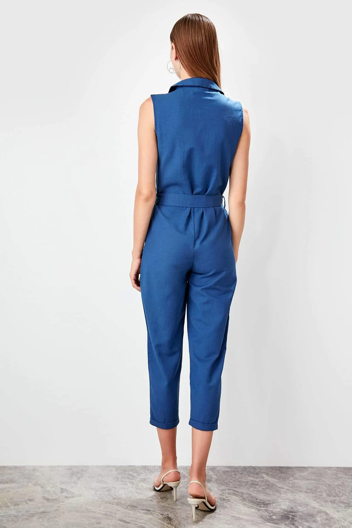 13678 Blue Front Zip Crop Jumpsuit