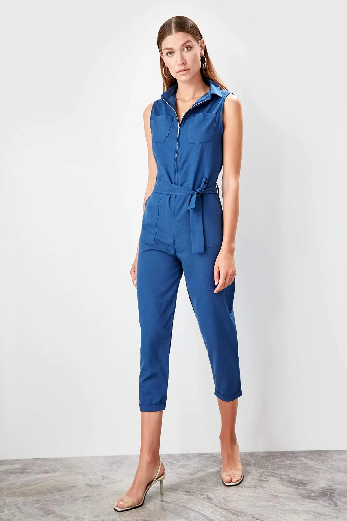 13678 Blue Front Zip Crop Jumpsuit