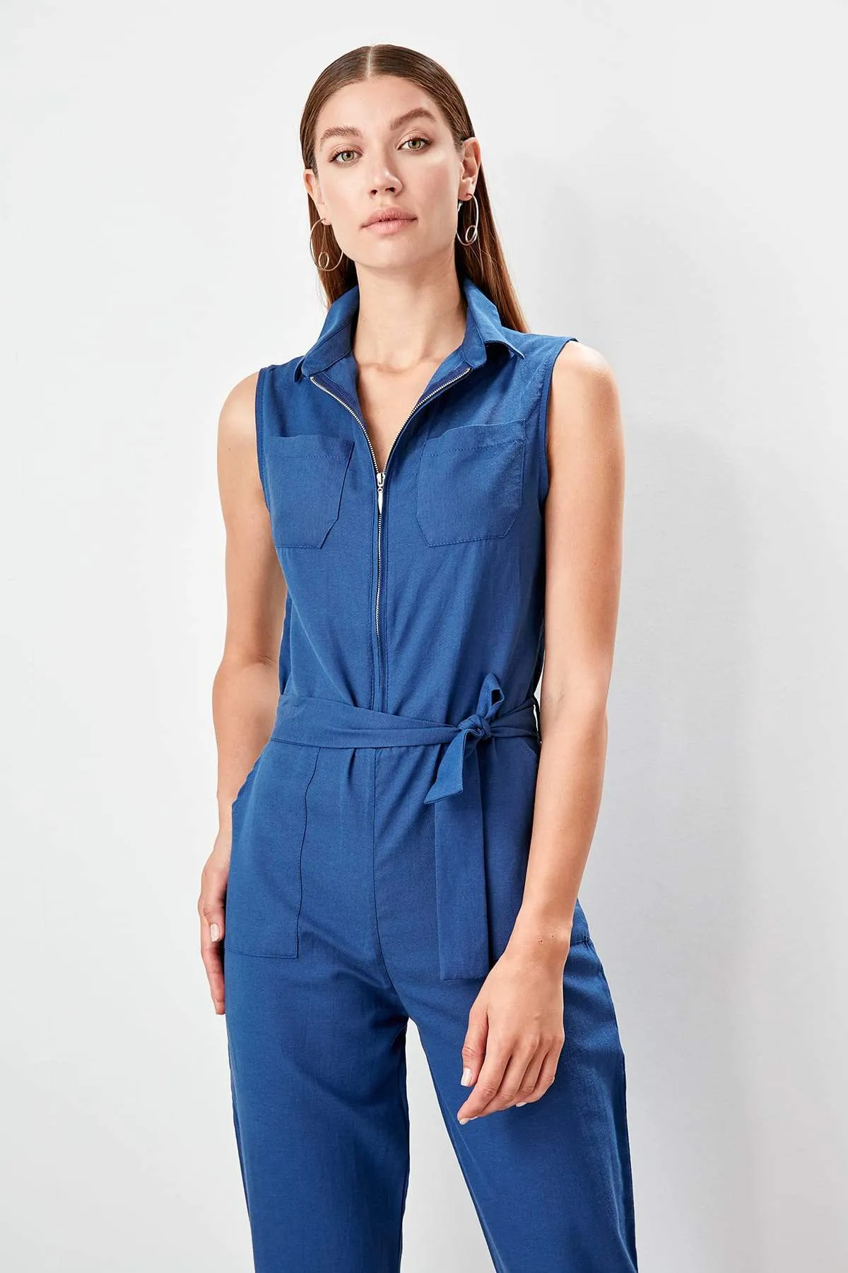 13678 Blue Front Zip Crop Jumpsuit