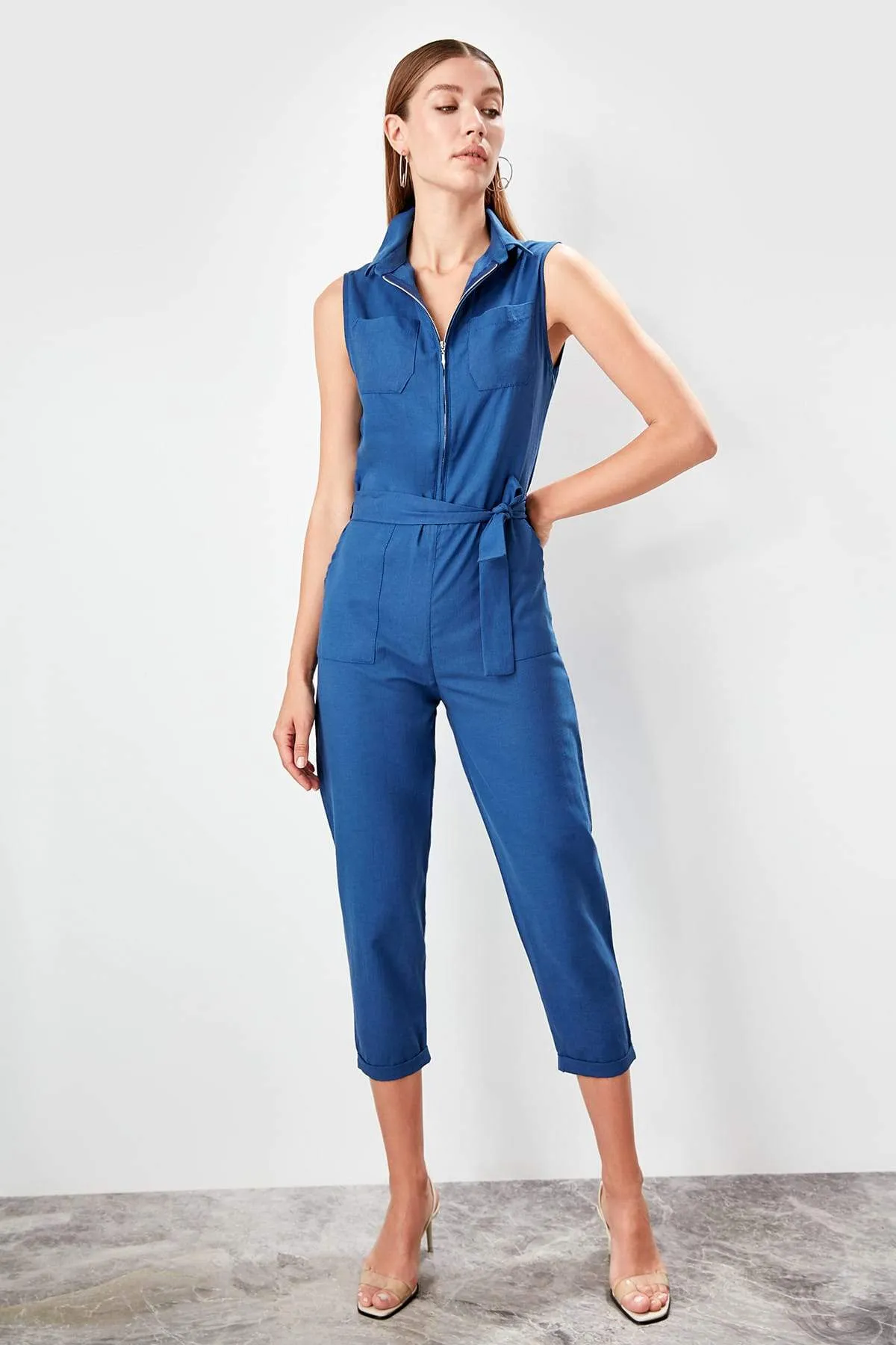 13678 Blue Front Zip Crop Jumpsuit