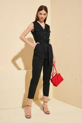 16103 Navy Blue Crop Buttoned Jumpsuit