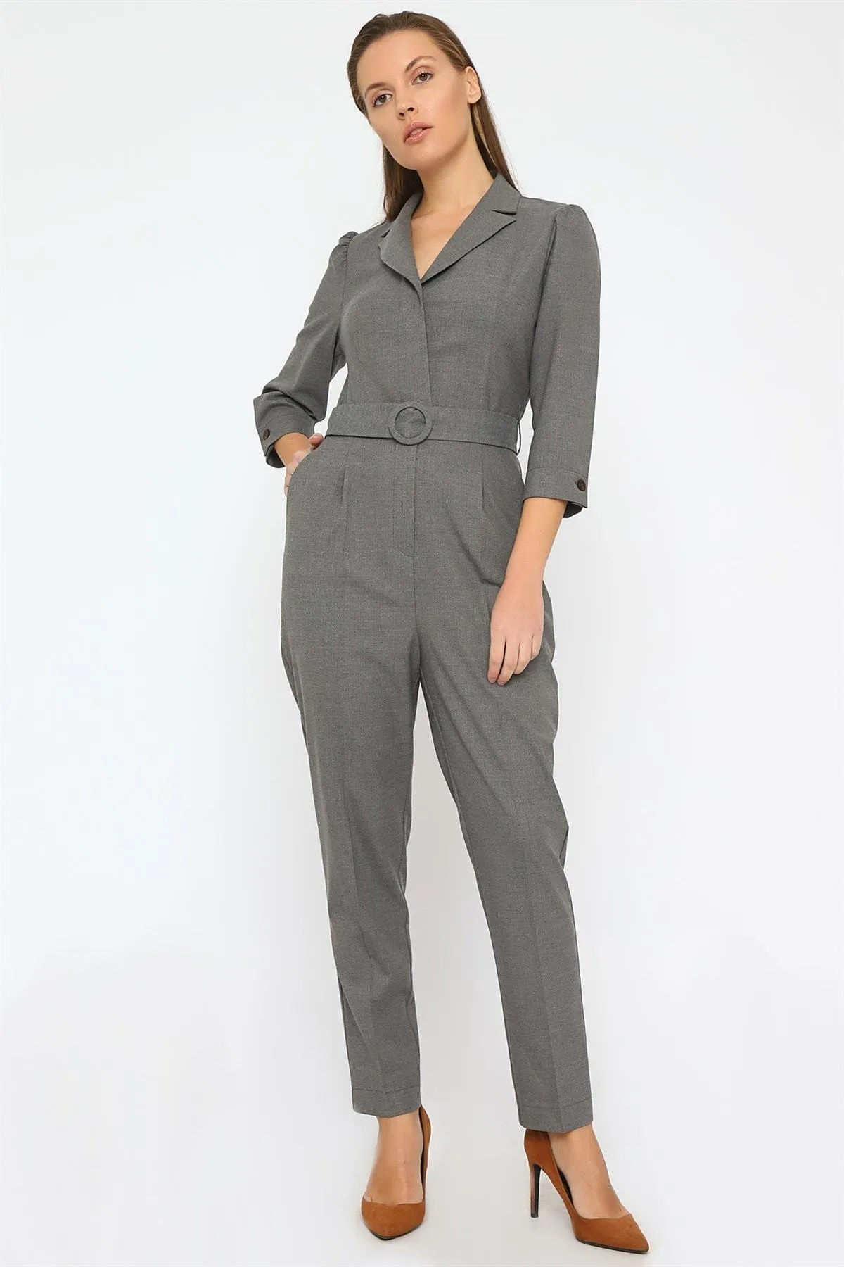 16252 Grey Jacket Collar Jumpsuit