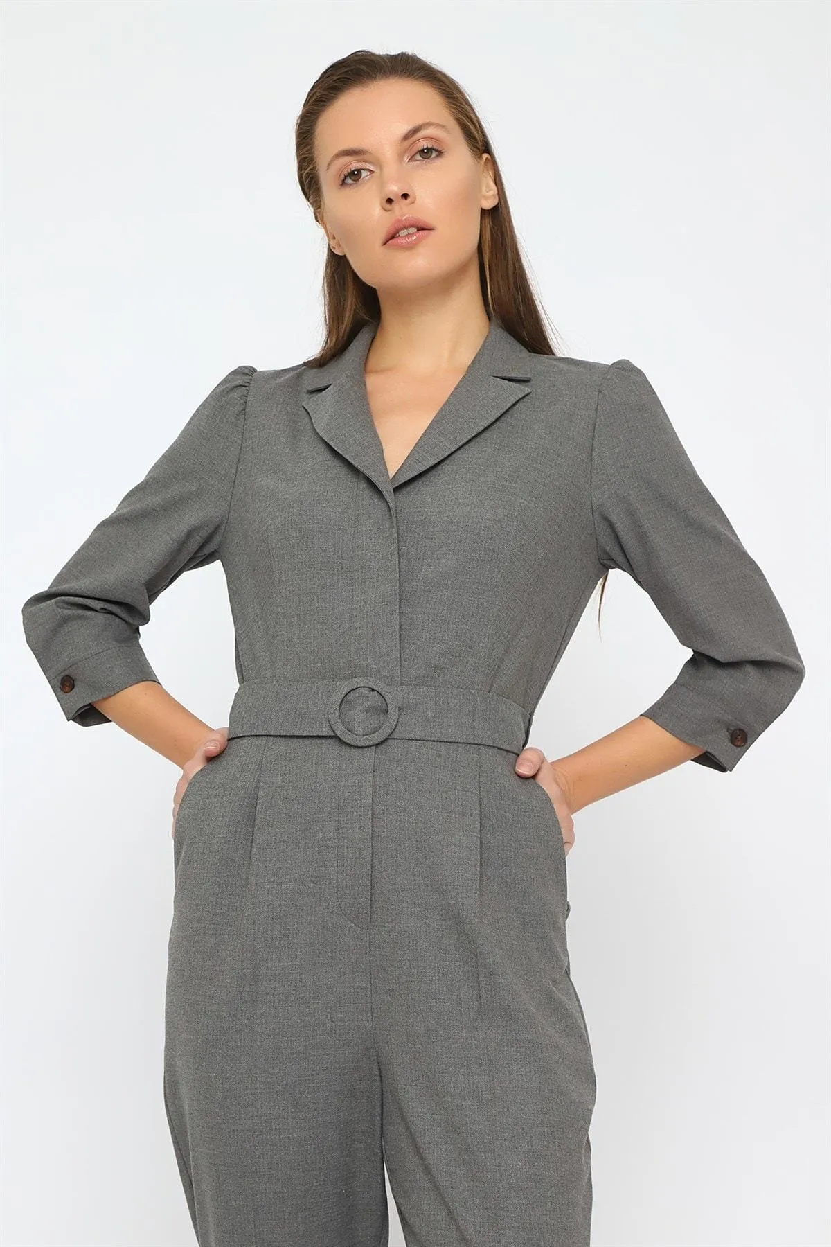 16252 Grey Jacket Collar Jumpsuit