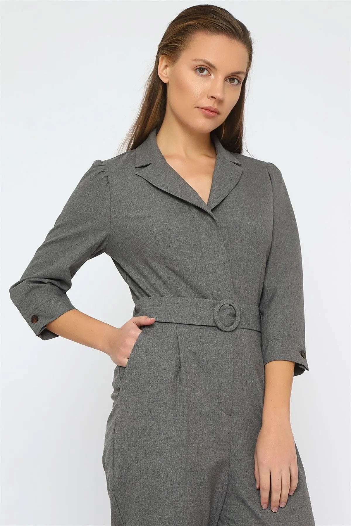 16252 Grey Jacket Collar Jumpsuit