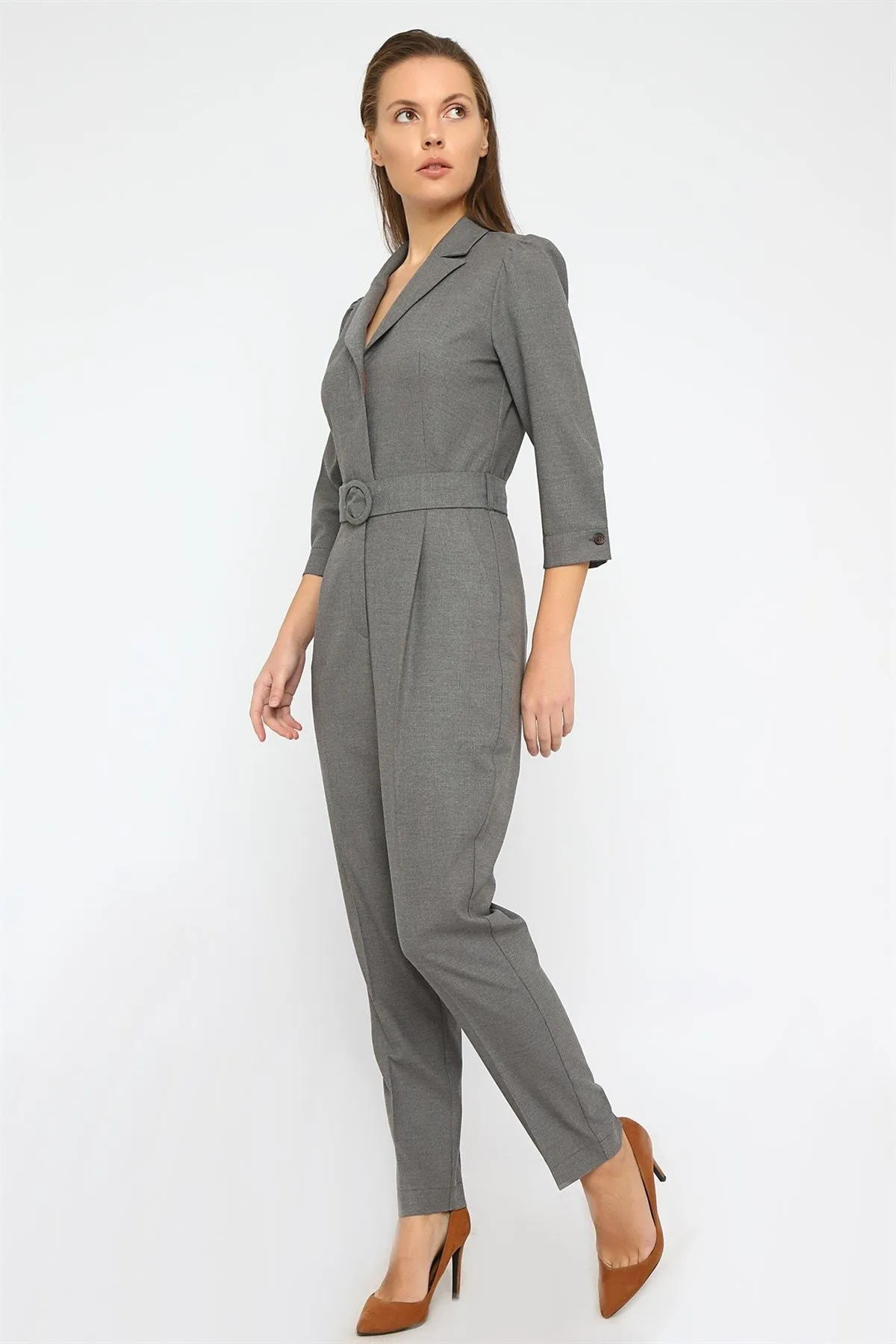 16252 Grey Jacket Collar Jumpsuit