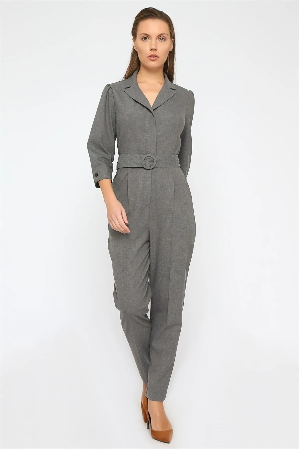 16252 Grey Jacket Collar Jumpsuit