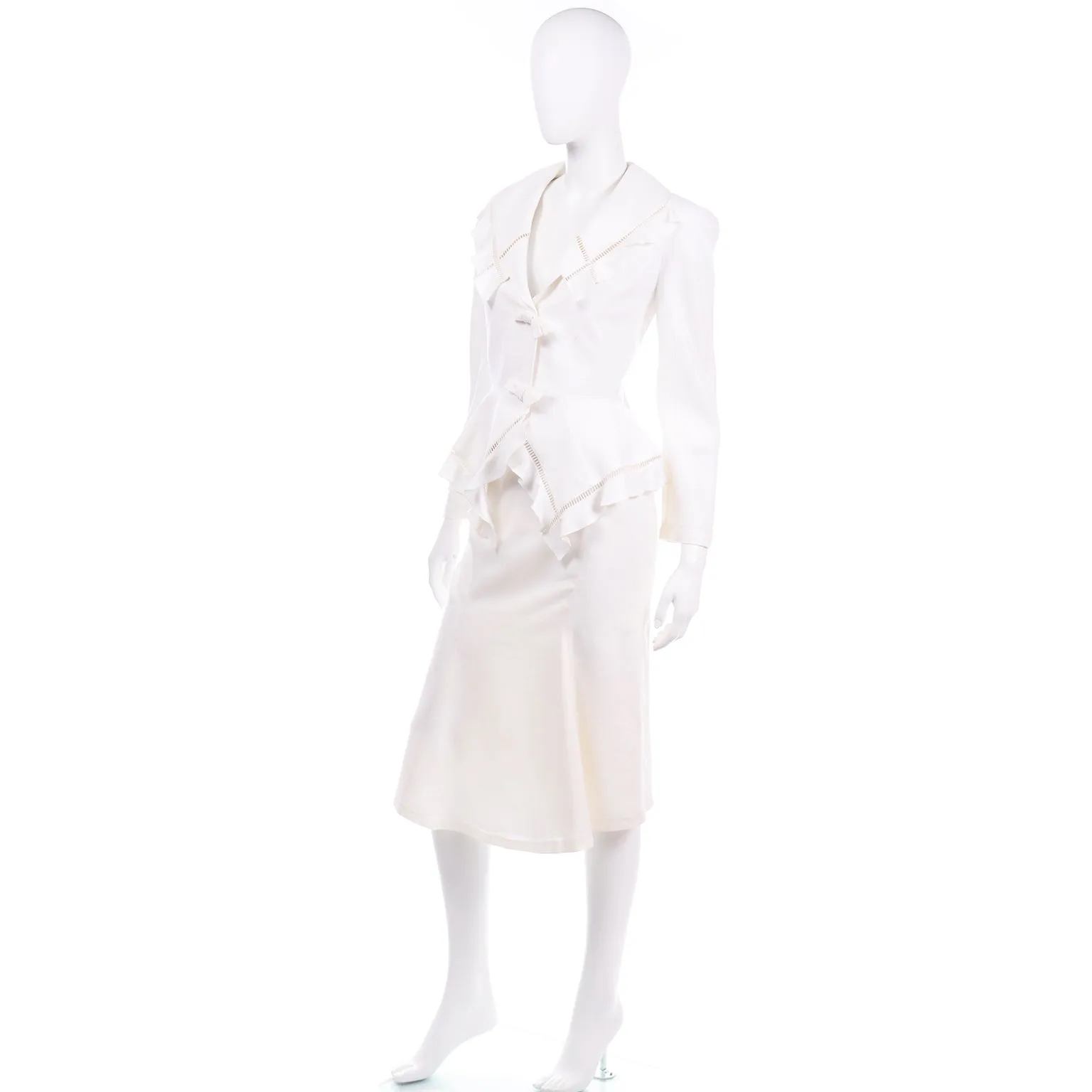 1980s Thierry Mugler Vintage Ivory Linen Blend Skirt & Jacket Suit