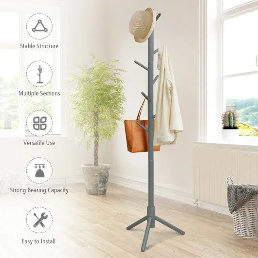 2 Heights Wooden Coat Rack with 8 Hooks-Gray