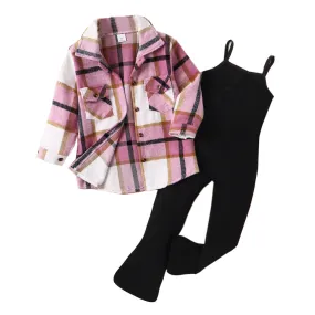 2pcs Girls Fashion Plaid Shirt Jacket and Bell Bottom Jumpsuit for Spring and Fall