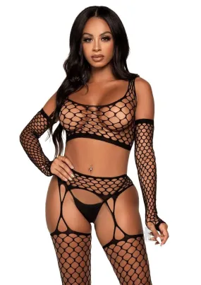 3 Pc Net Crop Top, Garter Stockings, and Matching  Gloves - One Size - Black