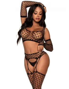 3 Pc Net Crop Top, Garter Stockings, and Matching  Gloves - One Size - Black