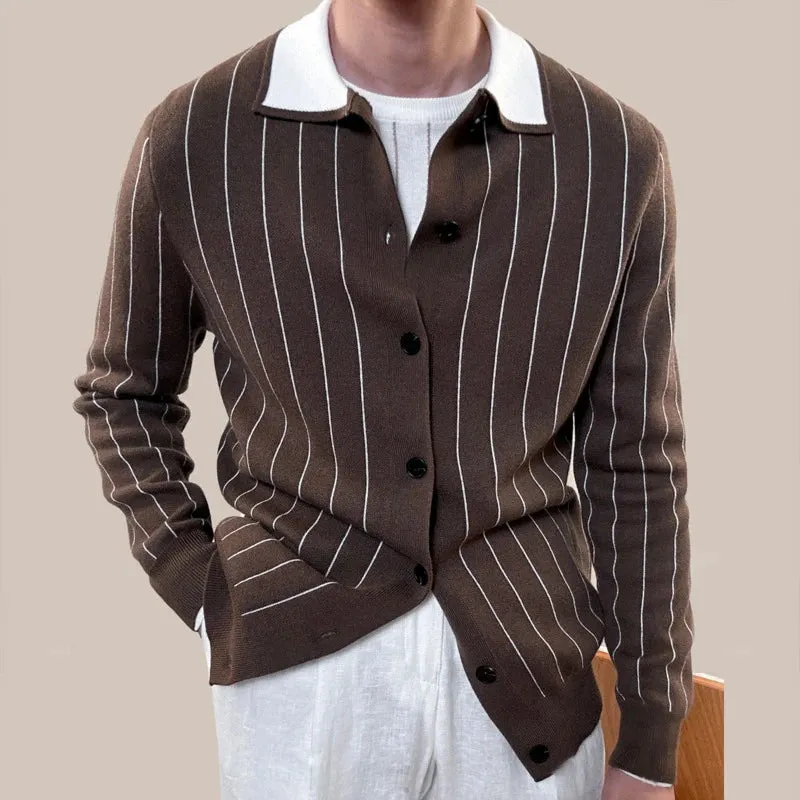 Aidase Men Sweater Cardigan Autumn Striped Shirt Collar Knitting Sweaters Winter Warm Coat Men Long Sleeved Cardigan High-end Sweater