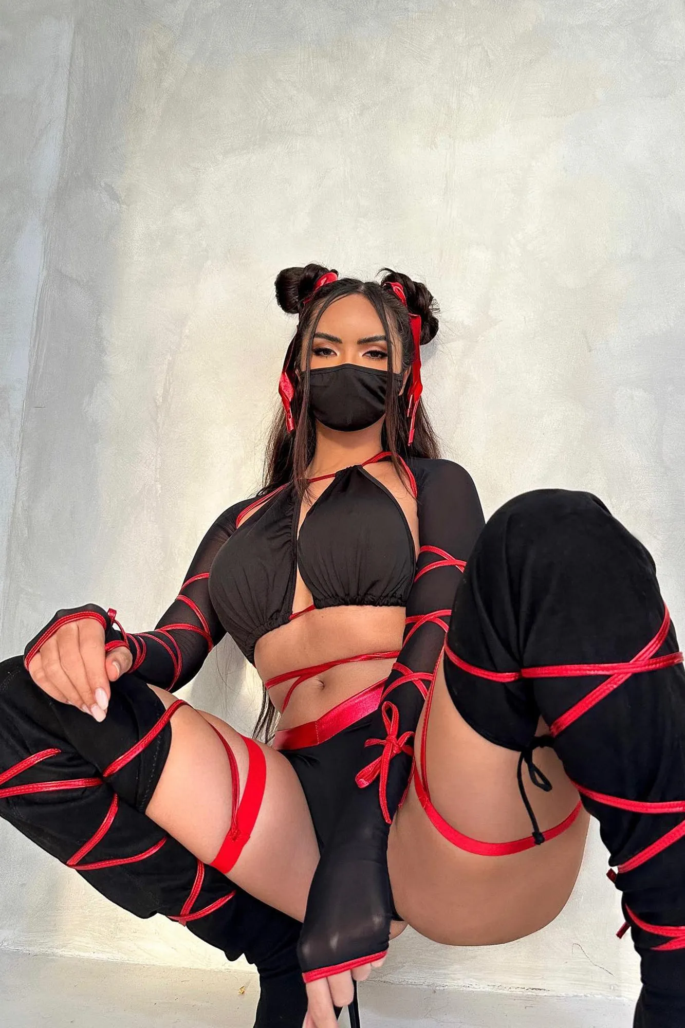 Alluring Ninja 5 Piece Costume Set - Black/Red