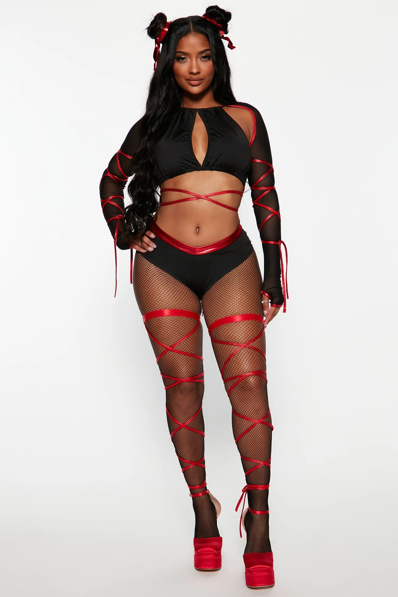 Alluring Ninja 5 Piece Costume Set - Black/Red