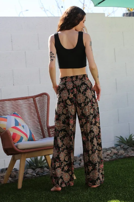 Angie Floral Boho Wide Leg Belted Ankle Pants - Black