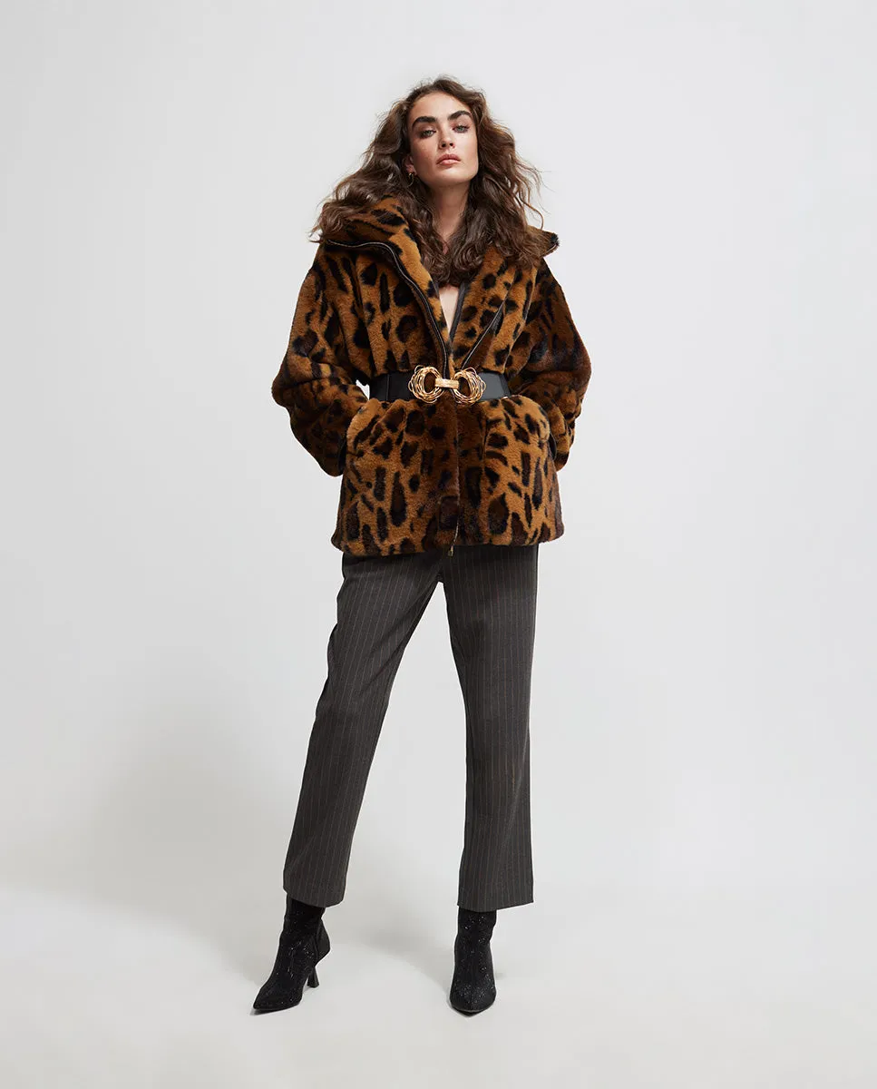 Animal print faux fur jacket