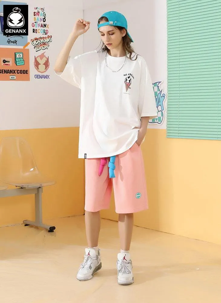 Asymmetric color contrast drawstring letter badge cotton shorts