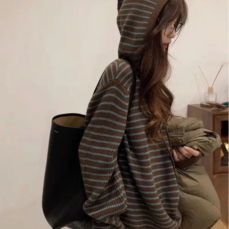 Autumn/winter Loose-fit Soft Supple Hooded Striped Sweater Jacket Women's Fashionable Clothing