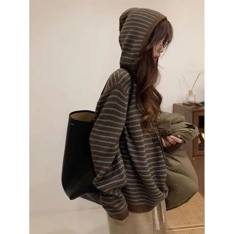 Autumn/winter Loose-fit Soft Supple Hooded Striped Sweater Jacket Women's Fashionable Clothing