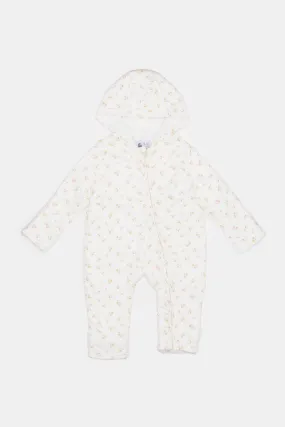 Babies Ecru Printed Hooded Jumpsuit Coat