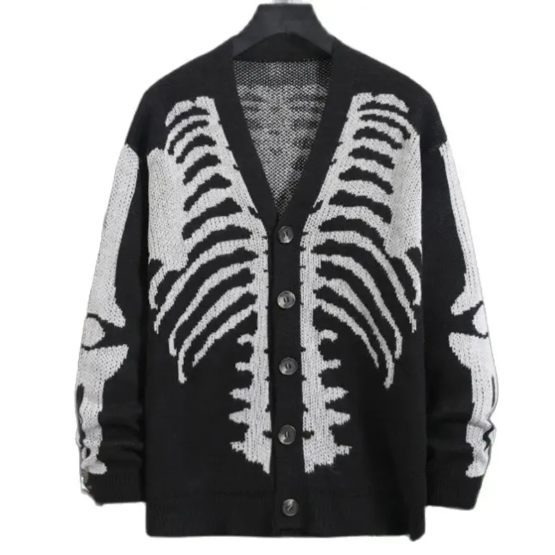 Back To School Joskaa 2024 Fall Fashion  Harajuku retro men's skull printed long sleeve cardigan sweater cardigan V-neck button down coat y2k sweater vintage sweater