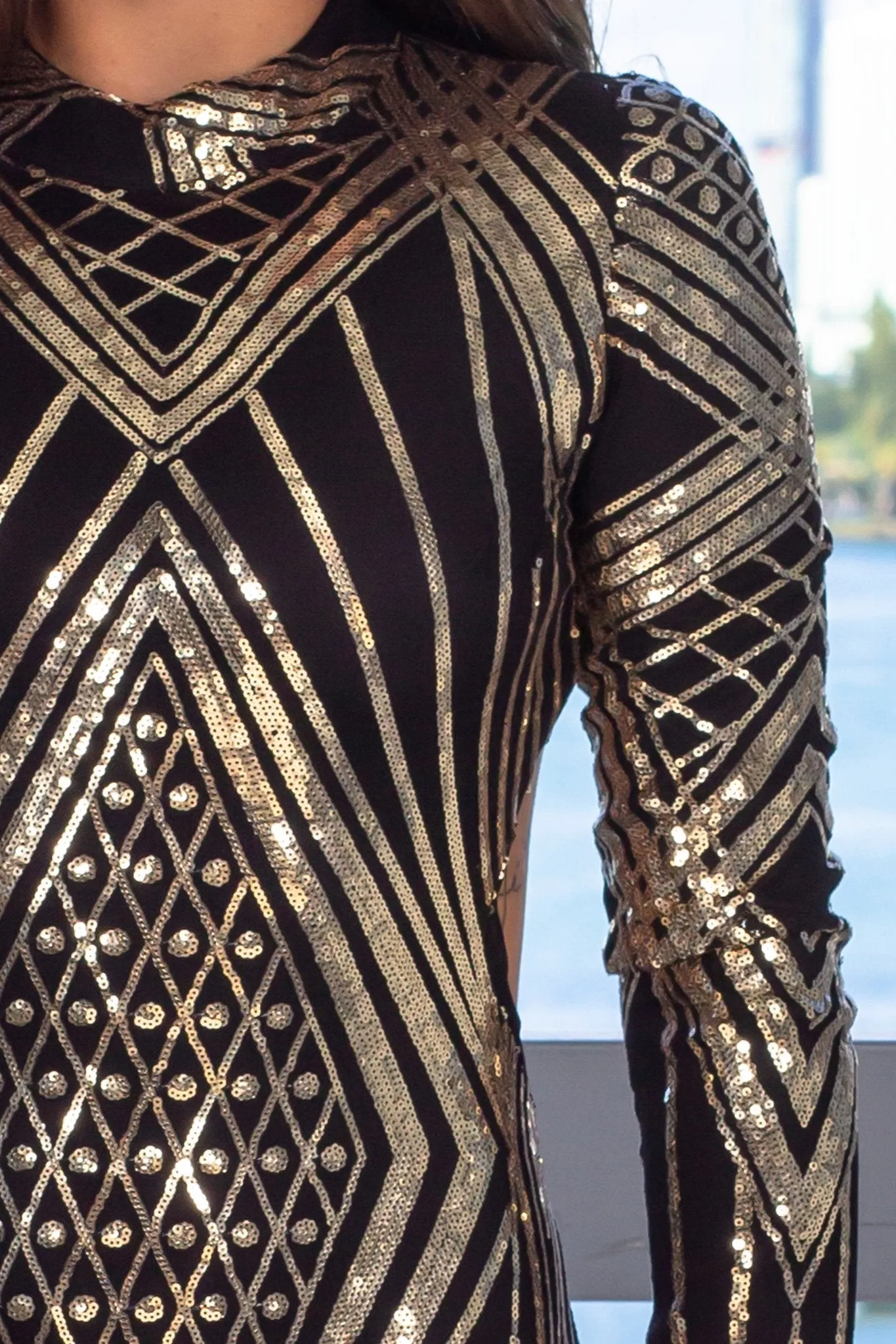 Black and Gold Open Back Sequin Short Dress