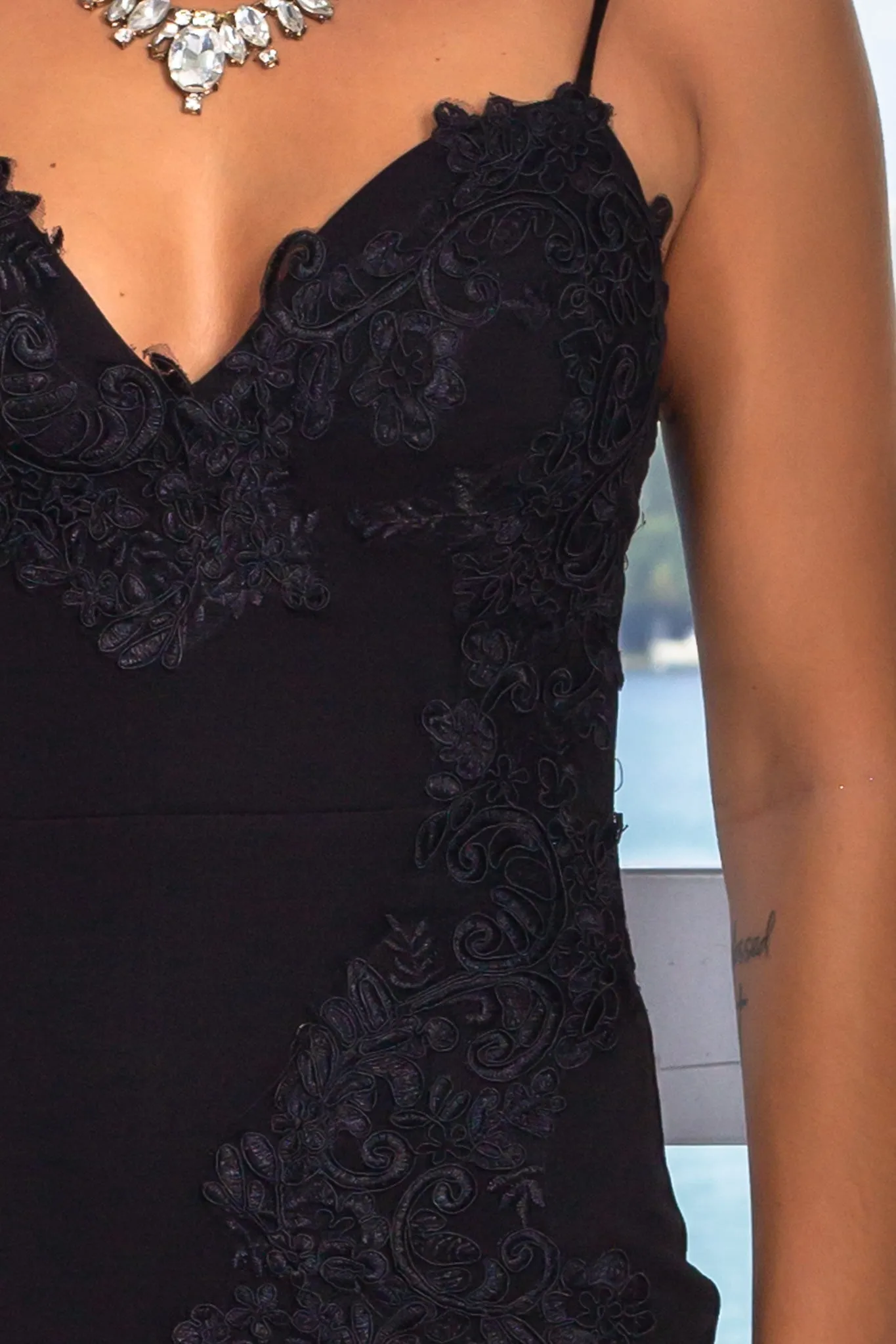 Black Embroidered Maxi Dress with Slit