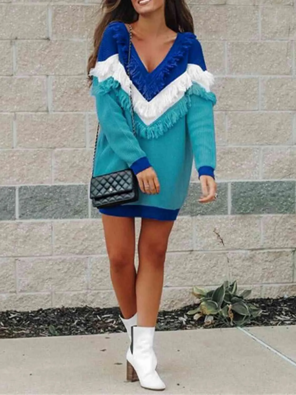 Blue Skies Color Block Fringed Sweater