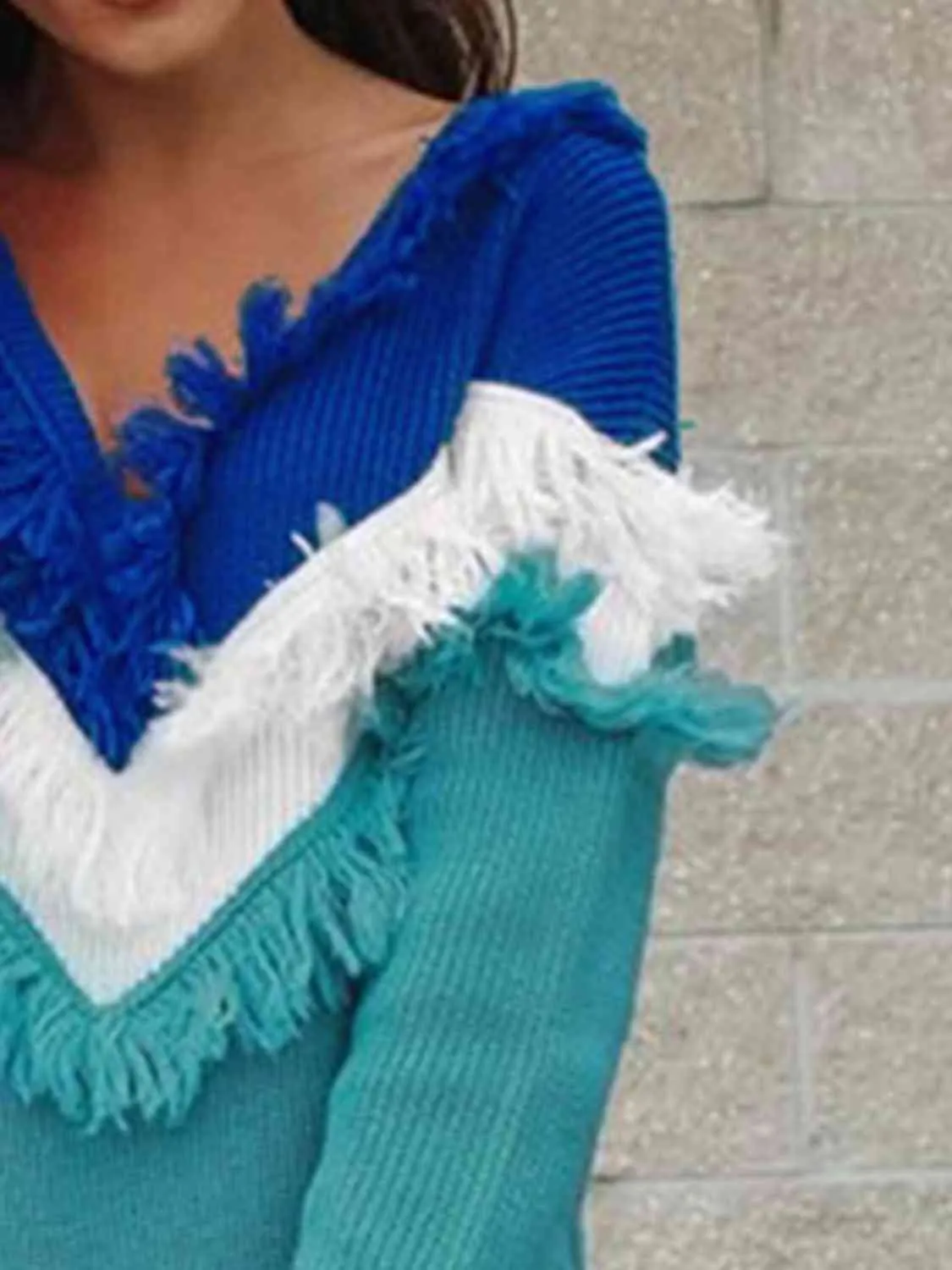 Blue Skies Color Block Fringed Sweater