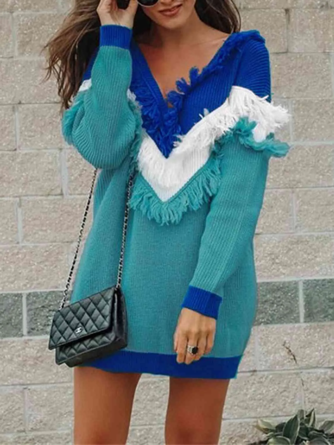 Blue Skies Color Block Fringed Sweater