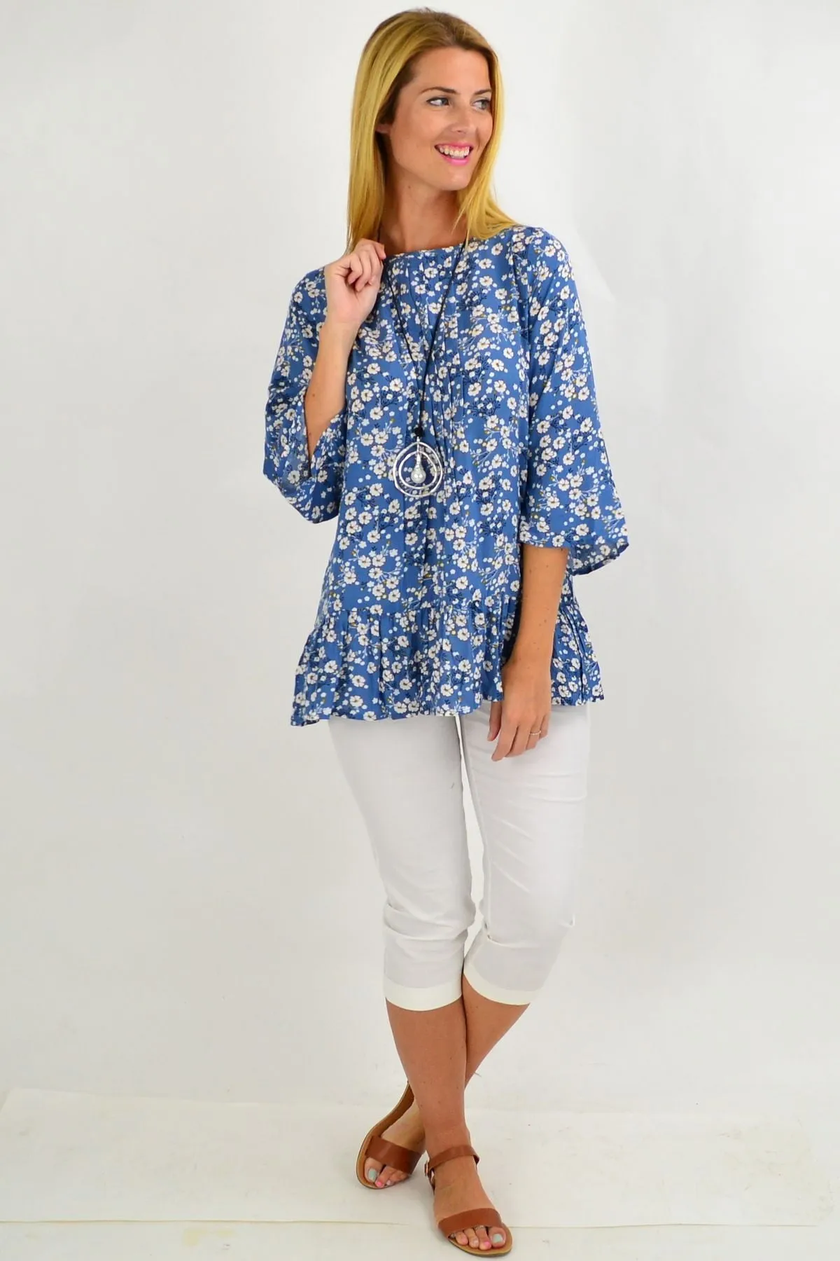 Blue White Floral Tunic Blouse