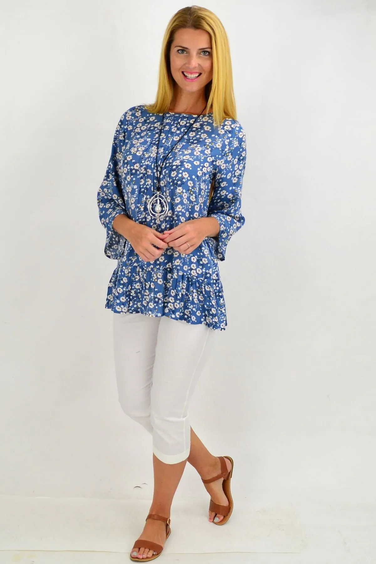 Blue White Floral Tunic Blouse