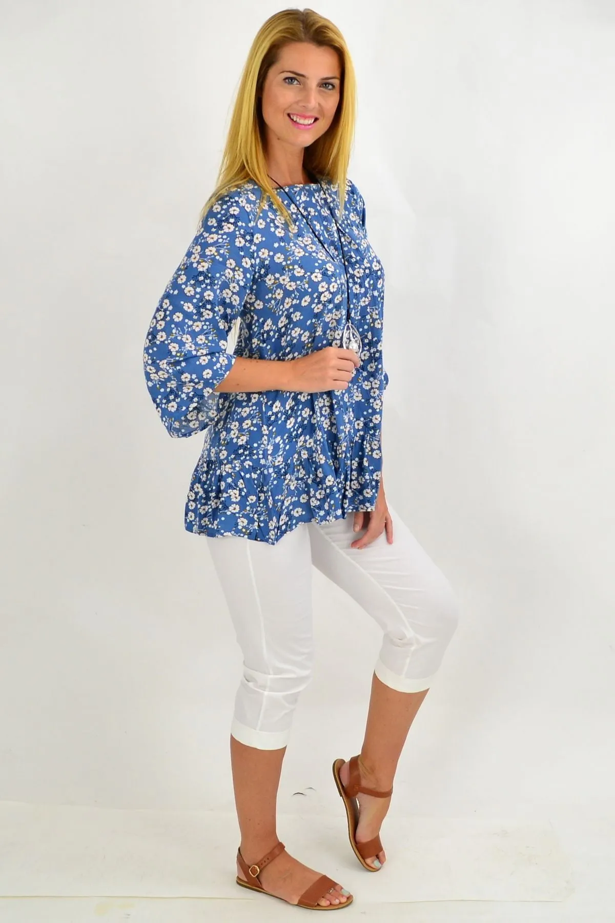 Blue White Floral Tunic Blouse