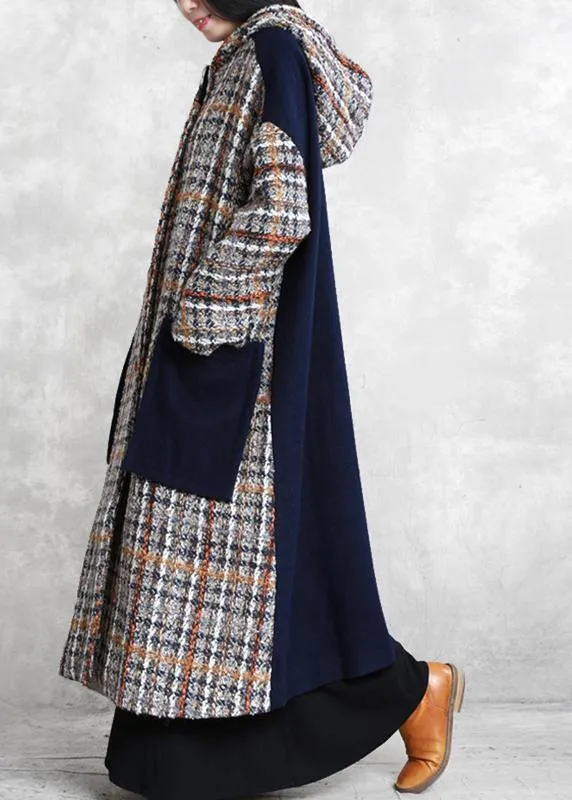 boutique casual long winter coat blue plaid patchwork hooded wool overcoat