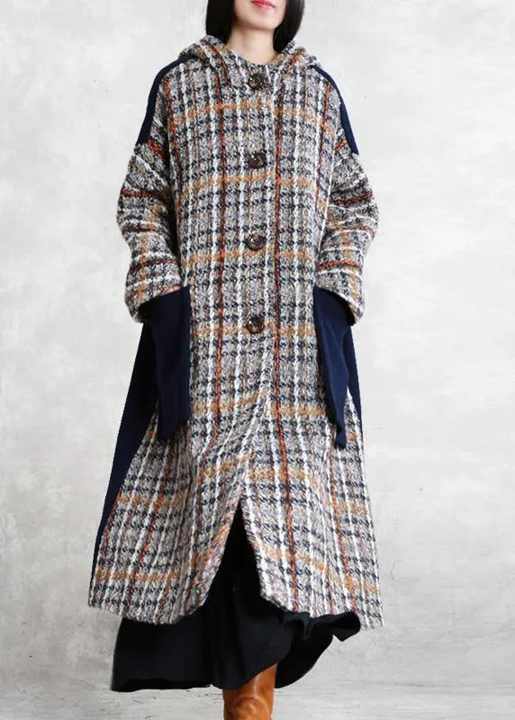 boutique casual long winter coat blue plaid patchwork hooded wool overcoat