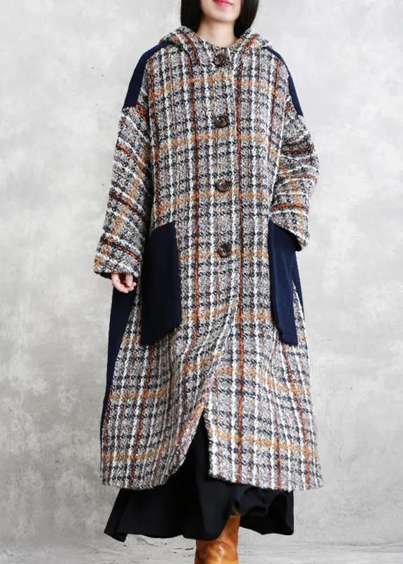 boutique casual long winter coat blue plaid patchwork hooded wool overcoat