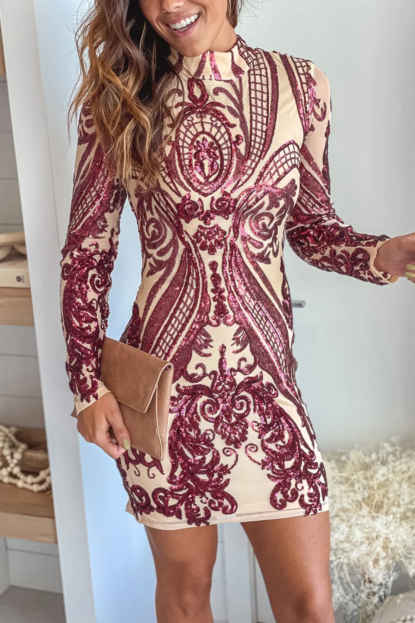 Burgundy and Beige Sequin Short Dress