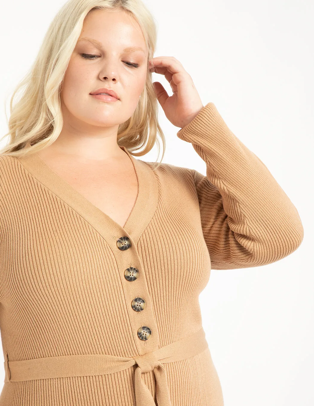 Button Front Sweater Jumpsuit In Tan