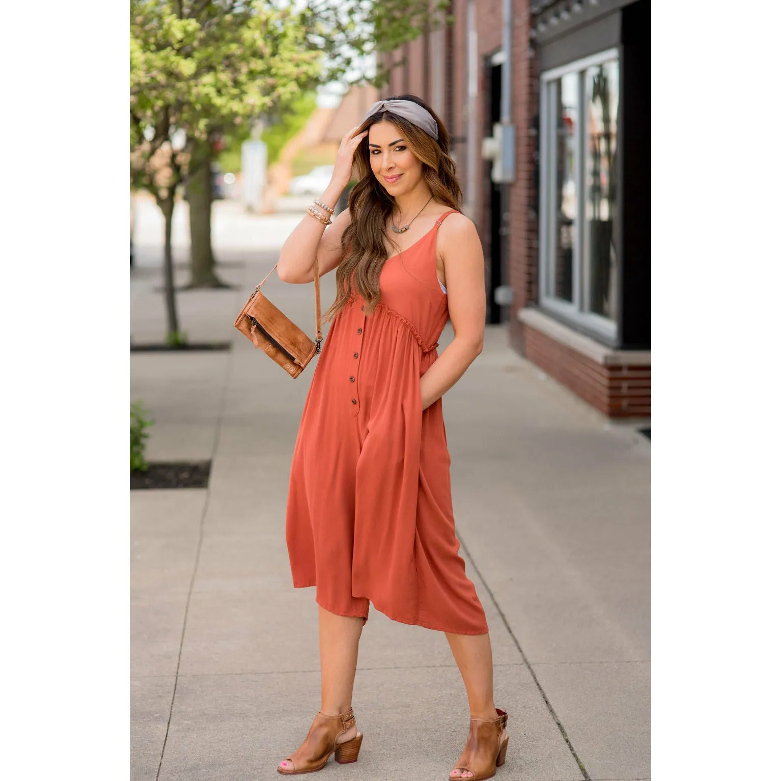 Button Up Thin Strapped Jumpsuit