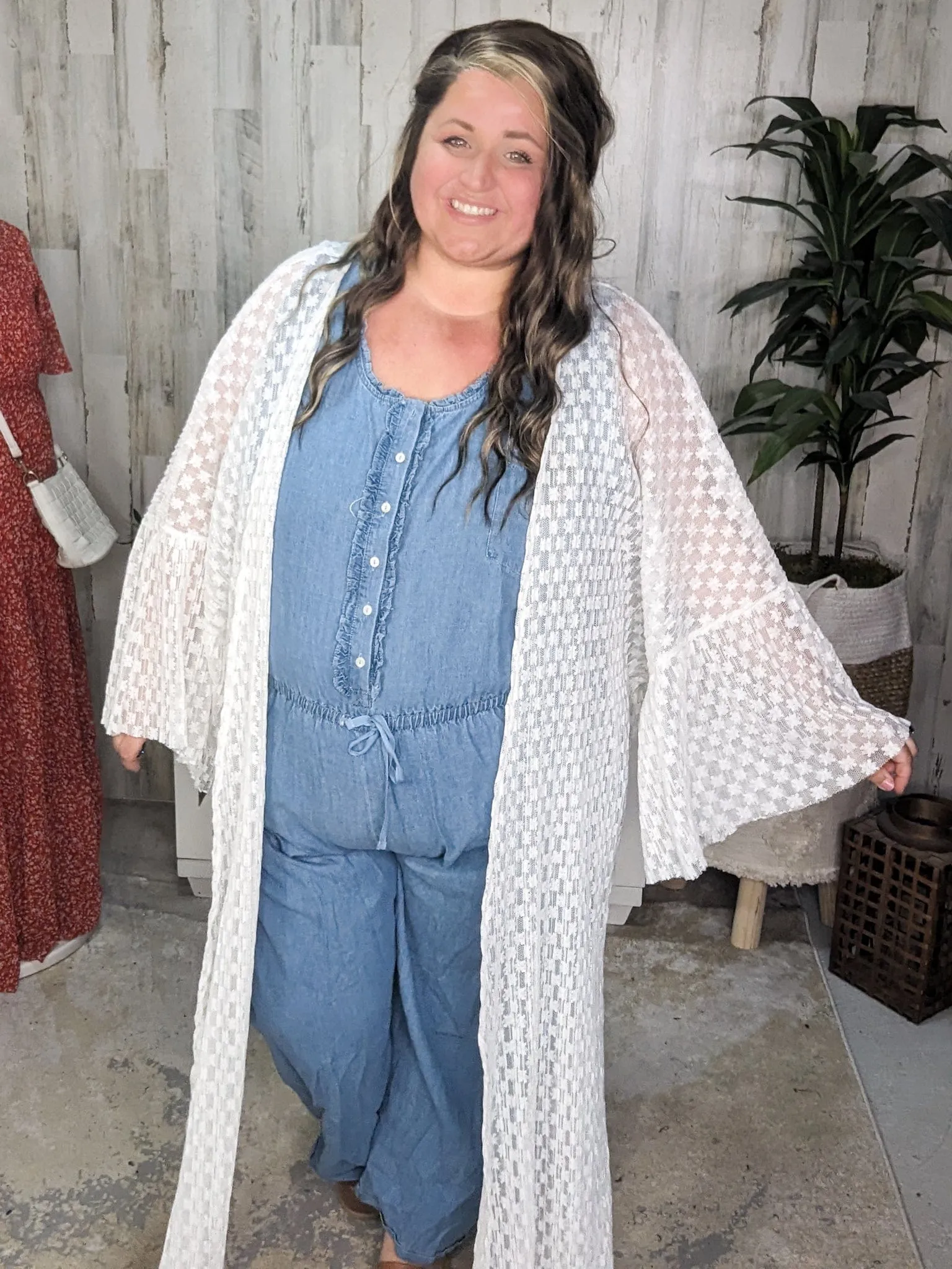 Cali Chambray Denim Jumpsuit w/Ruffle   Button Details