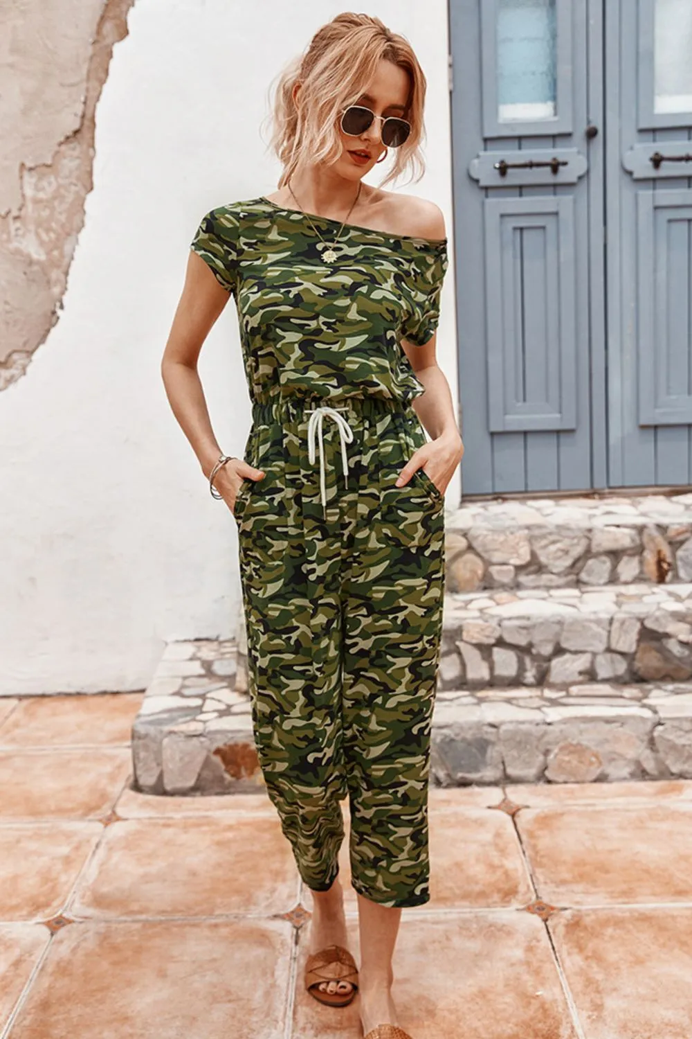 Camouflage Drawstring Crop Leg Jumpsuit