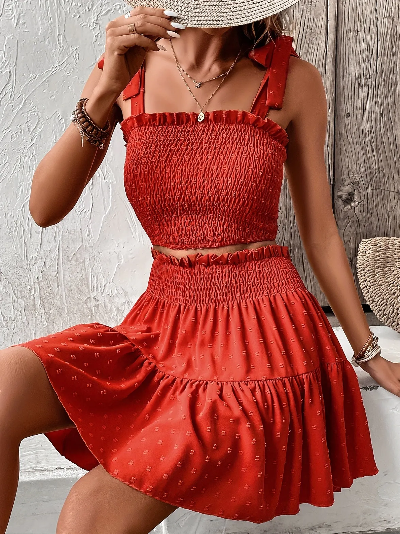 Chic Knotted Sleeveless Top & Flirty Pleated Skirt Set - Solid Shirred Two-Piece Outfit for Women - Perfect Summer Casual Wear