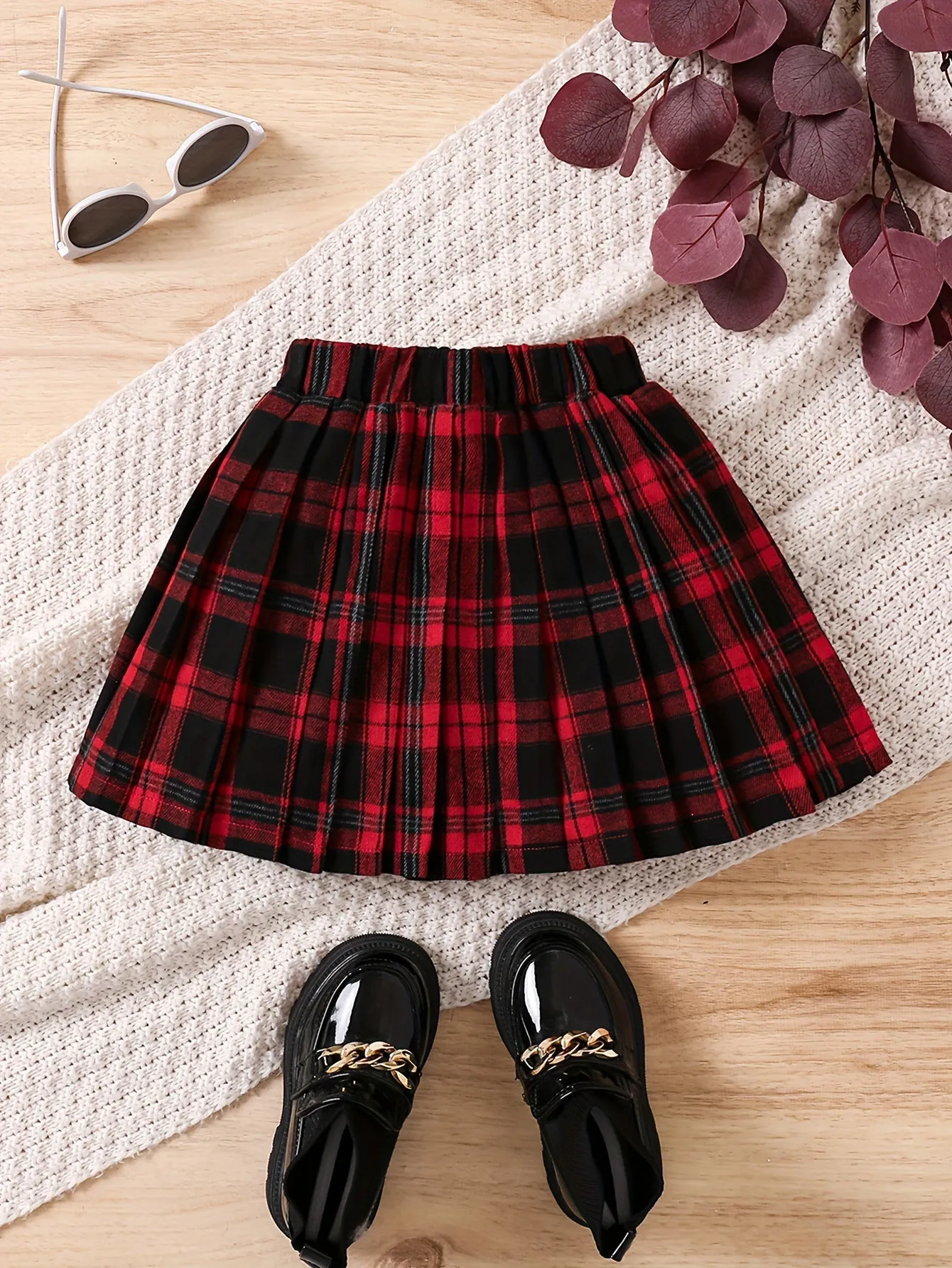 Chic Red Plaid Pleated Skirt for Girls - Perfect Christmas & Birthday Gift, Versatile Preppy Style, Machine Washable