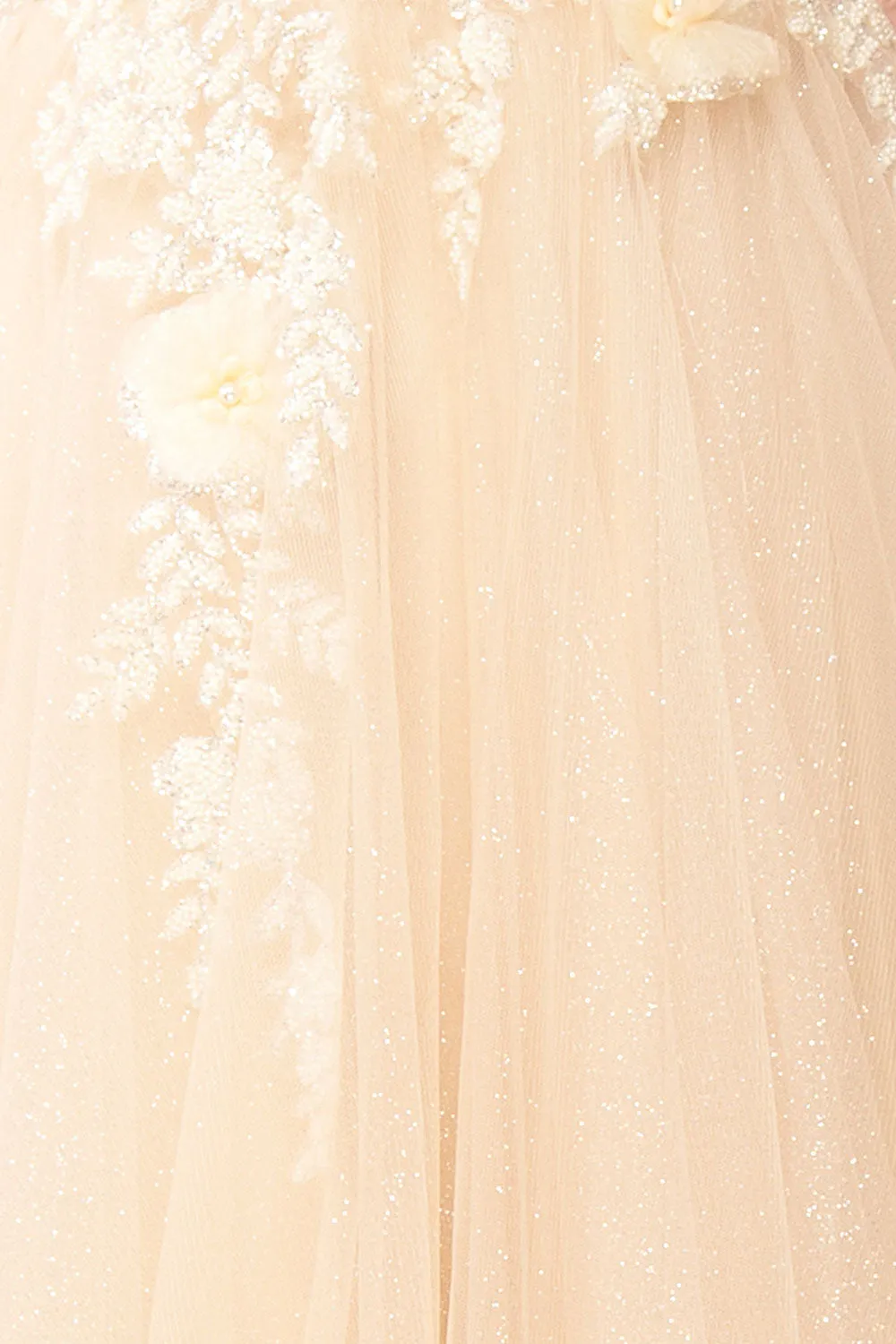 Clara Beige | Maxi Tulle Dress w/ Lace Bodice