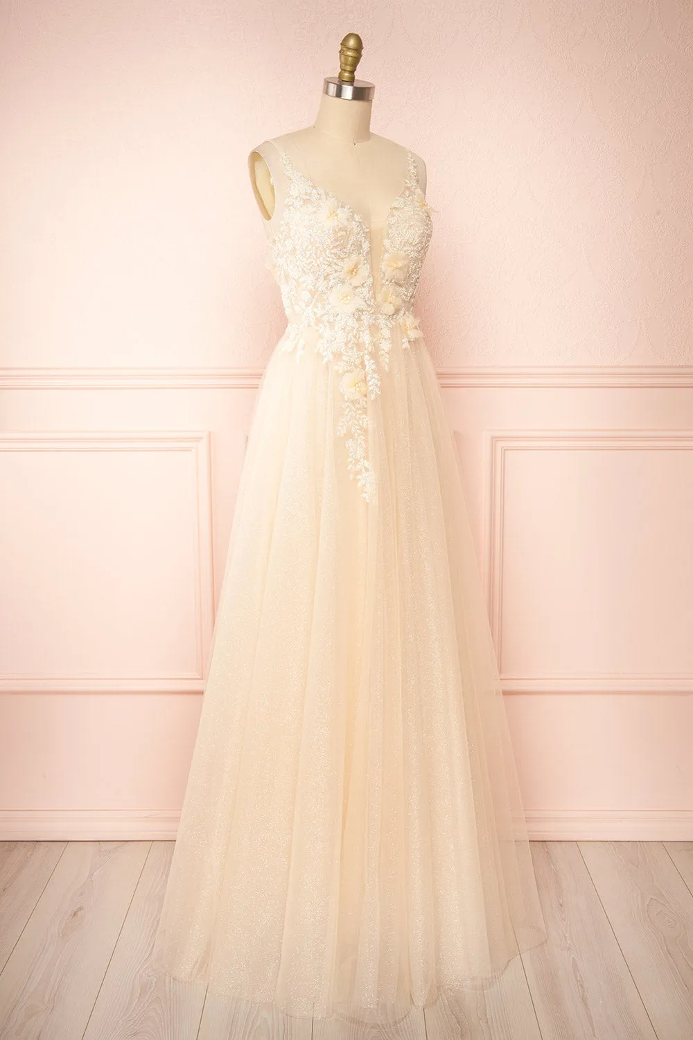 Clara Beige | Maxi Tulle Dress w/ Lace Bodice