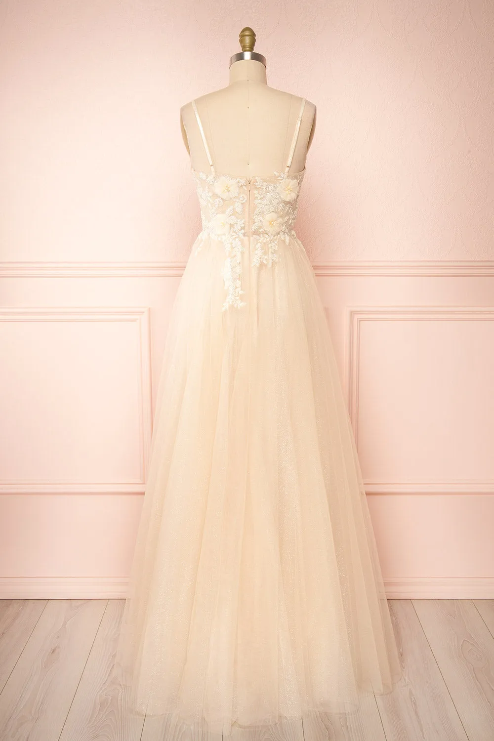 Clara Beige | Maxi Tulle Dress w/ Lace Bodice