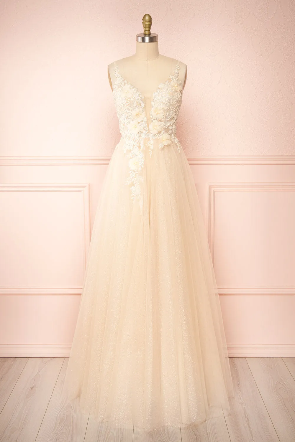 Clara Beige | Maxi Tulle Dress w/ Lace Bodice